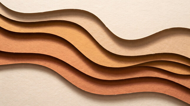 An abstract, minimalist background featuring multi-layered paper cut waves in a warm palette of beige, terracotta, ochre, and brown. The design showcases realistic fibrous paper textures and soft 3...