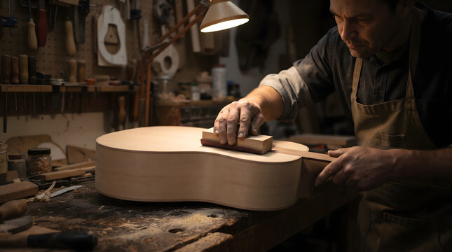 A skilled luthier carefully sands the unfinished wooden body of an acoustic guitar in his cozy workshop. Surrounded by traditional woodworking tools, wood shavings, and a warm desk lamp, the crafts...