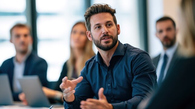 A man in a blue shirt is sitting in a meeting room with a group of people, gesturing with his hands.
