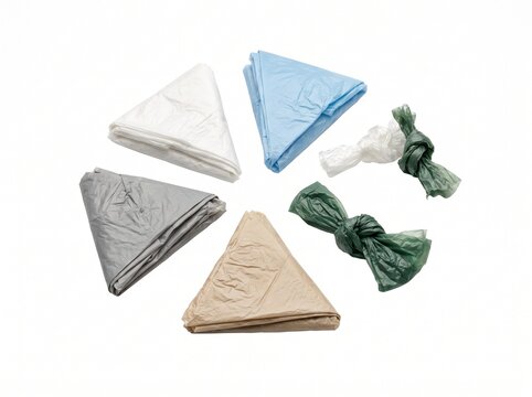 Collection of folded and tied plastic bags in various colors arranged in a circular pattern on a white background