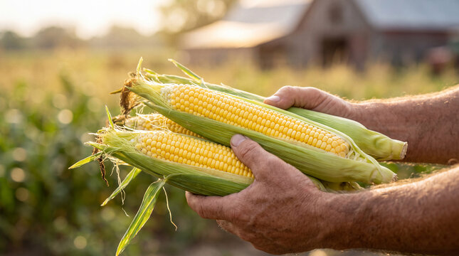 A farmer's hands proudly display a bountiful armful of freshly harvested sweet corn on the cob.