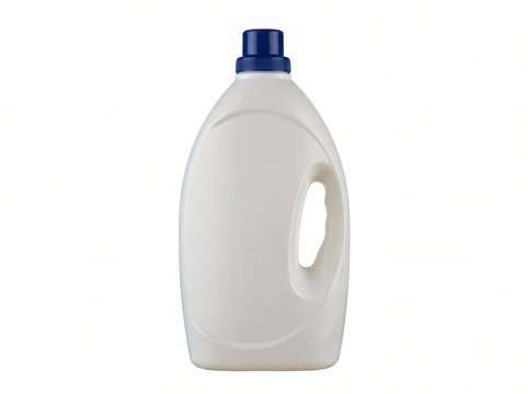 White plastic bottle with blue cap for laundry detergent or cleaning product isolated on white background