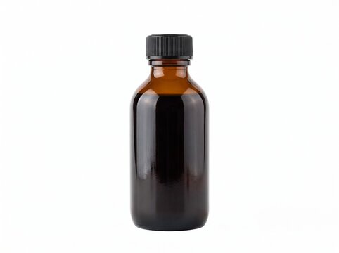 Amber Glass Bottle Filled With Dark Liquid and Black Screw Cap Isolated on White Background