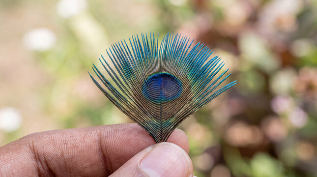 Dark-skinned hand holding a striking, fan-shaped peacock feather against a softly blurred natural background.