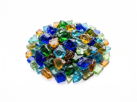 Pile of colorful crushed glass gems in blue green amber and clear on a white background