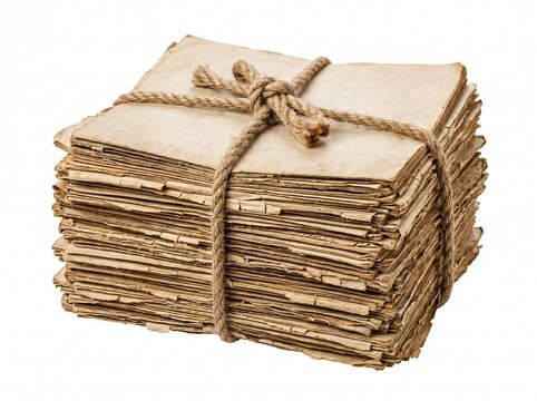 Stack of old aged paper documents tied with rough jute twine on a white background