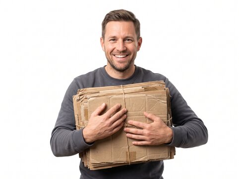 Smiling man holding a stack of cardboard sheets tied with twine against a white background