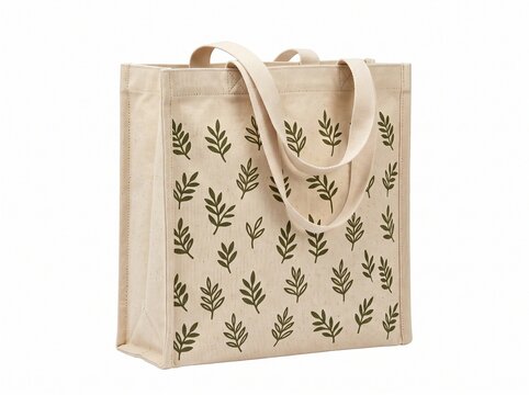 Beige Canvas Tote Bag with Repeating Green Leaf Pattern Isolated on White Background