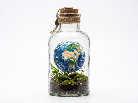 Miniature Earth Terrarium in a Glass Bottle with Cork and Twine Isolated on White Background