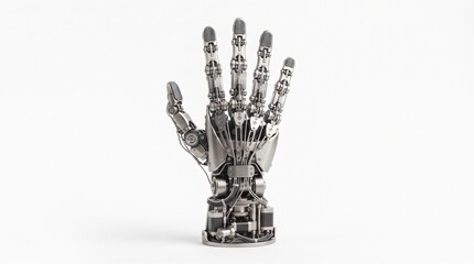 Fototapeta premium Robotic hand with metallic mechanical joints. Futuristic cyborg prosthesis on white background. Advanced bionic limb for medical technology.