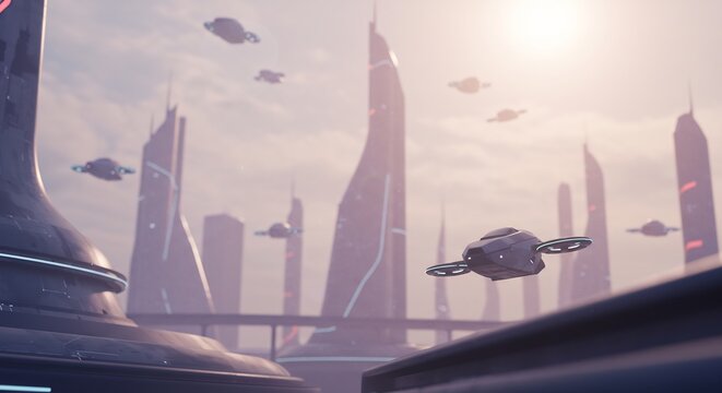 Futuristic Cityscape: A gleaming metropolis of sleek, towering skyscrapers and airborne vehicles, representing a vision of tomorrow's advanced urban landscape, bathed in the soft light of dawn.