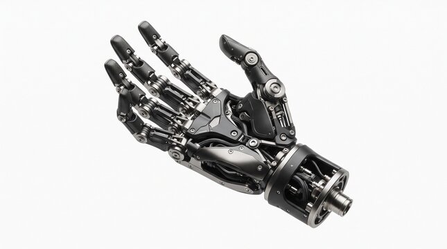 Futuristic robotic hand with intricate mechanical joints. Advanced bionic prosthetic limb, black metallic cyborg hand on white background.