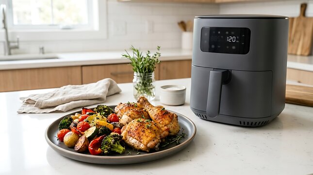 A modern grey digital air fryer sits on a kitchen island beside a grey ceramic plate filled with roasted chicken drumsticks, seasoned potatoes, bell peppers, broccoli, and fresh herbs.