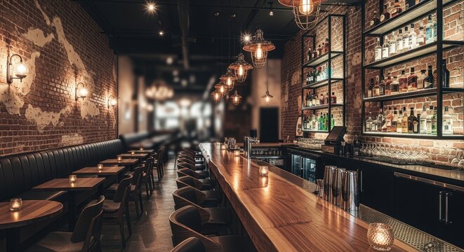 Trendy loft bar space showcasing brick accent walls and natural wood decor.