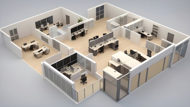 3D rendering of a modern office floor plan layout, showing multiple contemporary workspaces, desks, and architectural design.