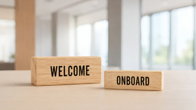 Wooden Blocks With Welcome and Onboard Text: Two light-colored wooden blocks displaying the words WELCOME and ONBOARD are placed on a wooden table in a bright.