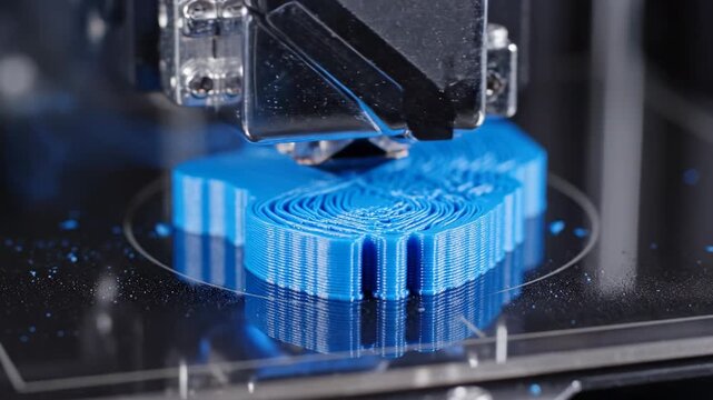 closeup of a blue 3d printer head creating a hexagonal object layer by layer, intricate manufacturing process