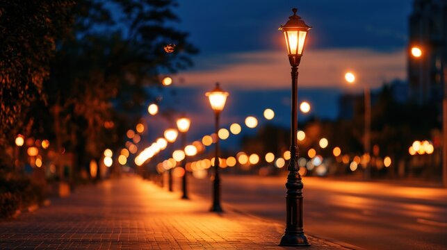 A serene, dimly lit street scene with vintage street lamps casting a warm glow, illuminating a pathway leading towards a distant building.