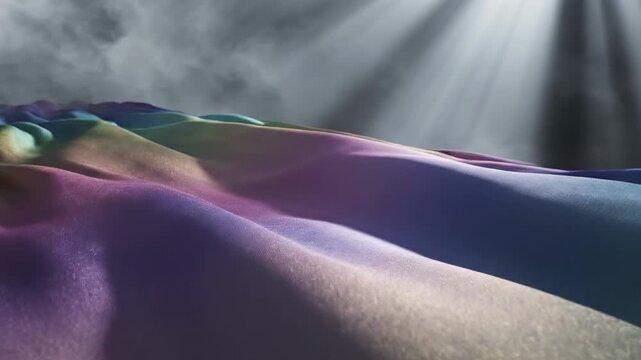 abstract colorful landscape with volumetric light rays piercing through clouds, undulating terrain with pixelated details
