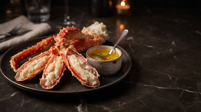 Cracked crab legs with herb butter sauce and fork on elegant dinner plate