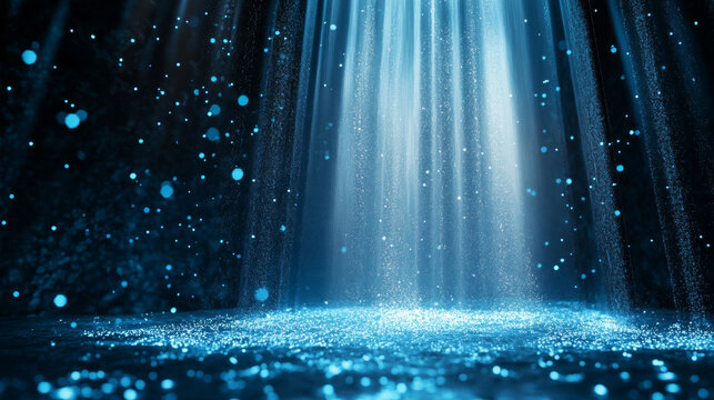 Deep blue light beam shining on dark water surface with sparkling particles