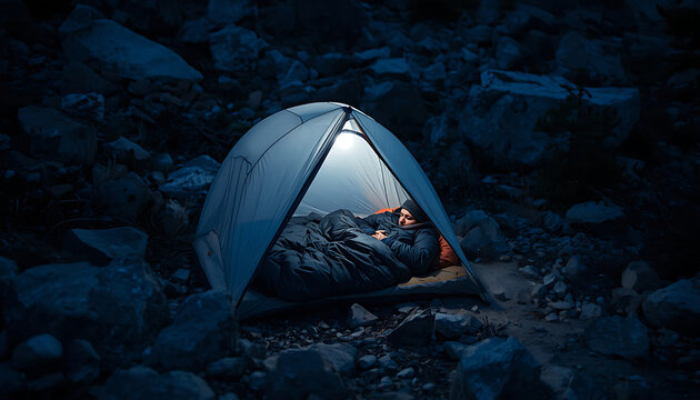 A camper in a cold-weather sleeping bag reads by headlamp inside a single-wall bivy sack pitched in a boulder field, the minimalist shelter system barely distinguishable from the surrounding rocks.