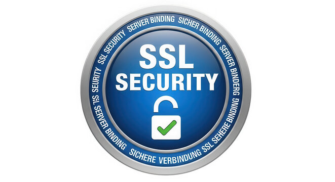Blue circular SSL security badge with a white padlock icon isolated on transparent background