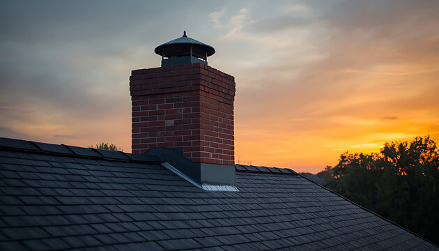 A brick chimney with a metal cap stands tall on a shingled roof at sunset. Great for roofing and.
