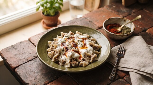 Turkish mant? dumplings yogurt ingredient story food photography
