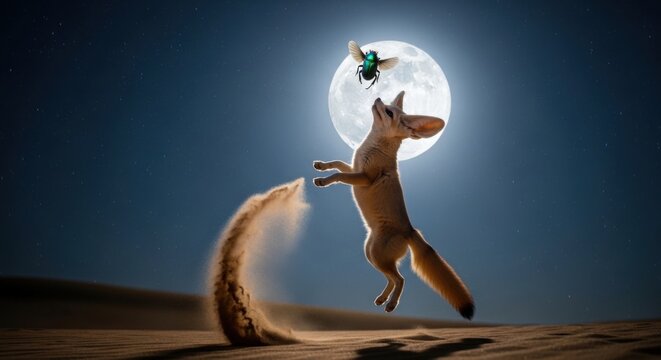 Fennec fox jumping in the desert at night under full moon