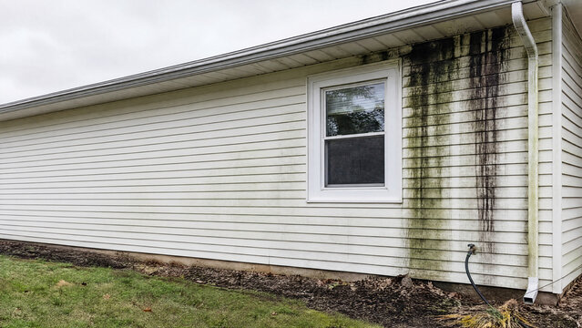 Dark stains on siding below blocked gutter