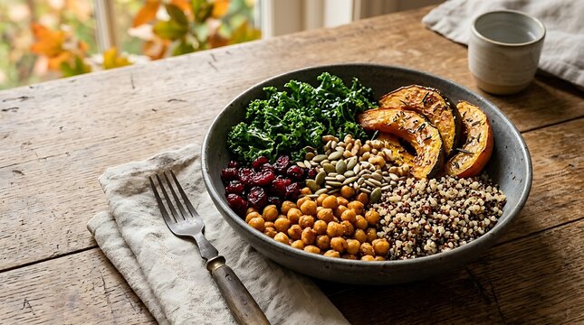 A vibrant healthy grain bowl packed with quinoa, roasted squash slices, kale, chickpeas, cranberries, and pumpkin seeds served in a dark ceramic bowl on a rustic wooden table.