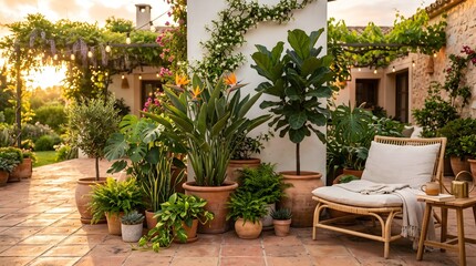 Fototapeta premium Tranquil mediterranean garden patio with rattan chair and lush greenery