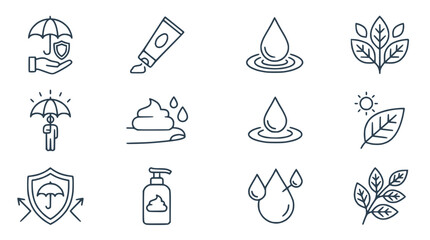 Fototapeta premium Skincare and Protection Icons Set: Cream, Drops, Leaves, Shield, Umbrella