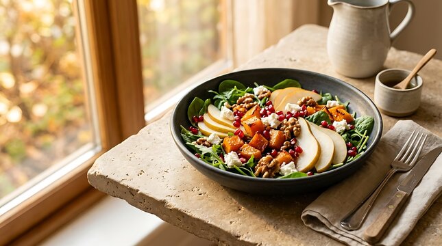 A autumn salad with roasted squash, sliced pears, pomegranate seeds, feta cheese, and walnuts served in a bowl on a stone counter by a window illuminated by soft sunlight.