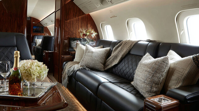 Luxurious leather couch inside a private jet cabin features elegant pillows and bright warm natural lighting