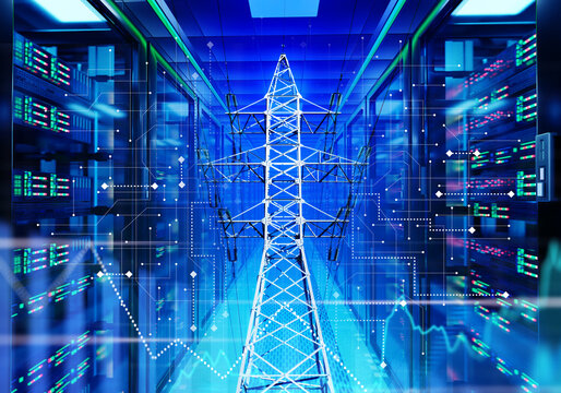 Energy infrastructure. High-voltage power transmission tower inside digital data center environment with smart grid monitoring and network analytics visualization.