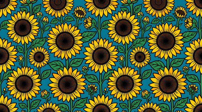 Seamless repeating pattern of yellow sunflowers on blue background with sunflower seamless botanical blooming background wallpaper illustration repeating