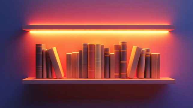 Serene bookshelf under soft light, inviting reading and learning.