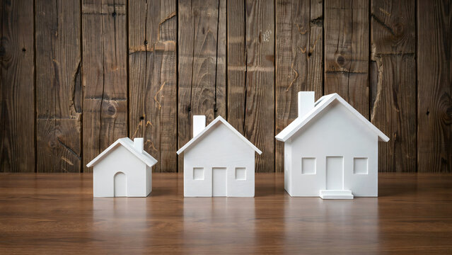 Three white miniature house models arranged by size on a wooden surface