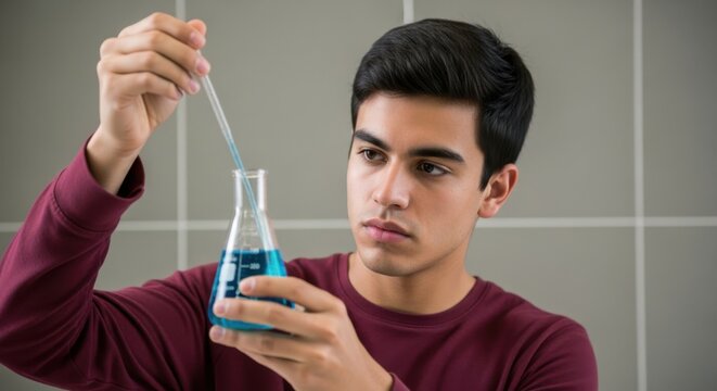 Young male scientist working with blue liquid in a conical flask in laboratory
