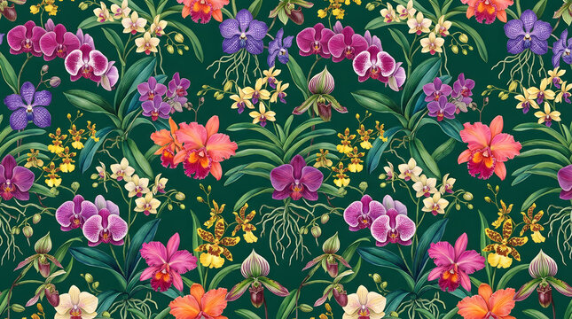 Seamless pattern of colorful exotic orchids on dark green background with seamless tropical botanical background wallpaper repeating blooming colorful