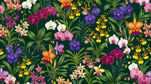 Tropical orchid flowers seamless pattern illustration featuring exotic botanical flora leaves and colorful blossom background botanical tropical seamless