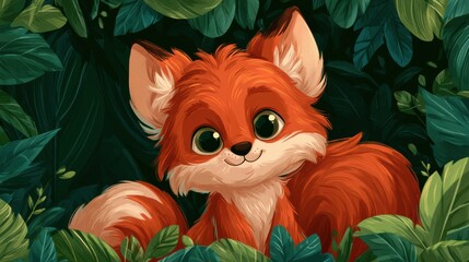 Naklejka premium A bouncy fox with russet fur explores lush leaves on a sunny day. The playful creature looks cheerful and curious in the greenery.