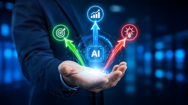 Businessman hand holding artificial intelligence hologram with target, chart, and lightbulb icons. Concept of AI driven corporate strategy and technological innovation.