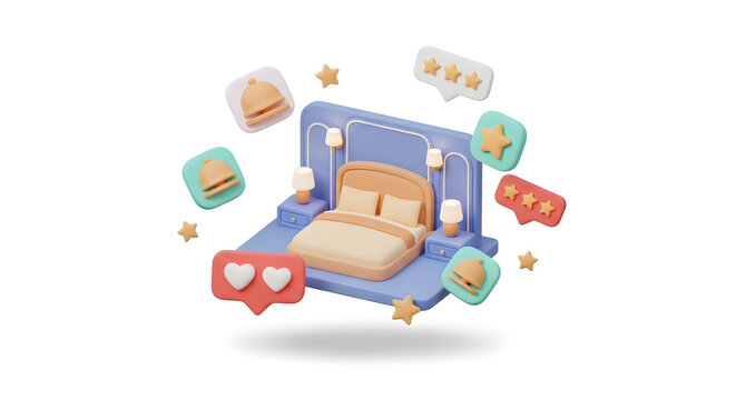 3D Rendered Bedroom with Social Media Icons and Food Delivery.