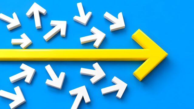 Large yellow arrow cutting through scattered white arrows. Concept of leadership and clear business direction.
