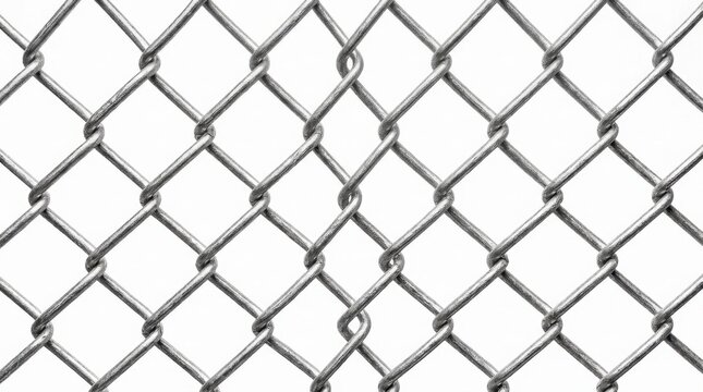 Galvanized silver chain link fence wire mesh pattern featuring interlocking metallic diagonal grid texture close up against a plain white background for security, perimeter, or industrial design conte