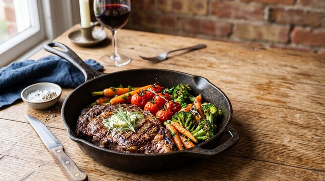 Grilled ribeye steak in cast iron skillet with roasted vegetables and red wine