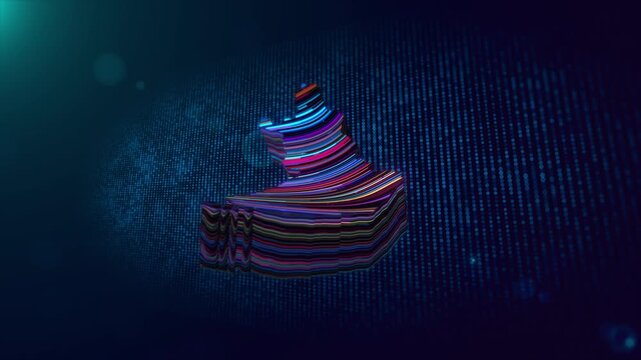 Futuristic Finland map reveal animation with luminous 3D contours, flowing multicolored lines, blue particle grids, glowing effects, and atmospheric digital lighting.